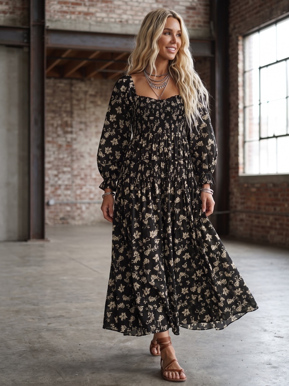 NWT Promesa Boho Floral Print Sweetheart Ruffle Smocked Maxi Long Dress